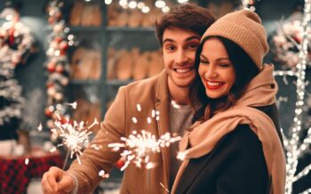 Lächelndes Paar mit Wunderkerzen in winterlicher Abendkleidung vor festlich beleuchtetem Hintergrund – ausgelassene Stimmung beim Jahreswechsel mit Silvester Busreisen.