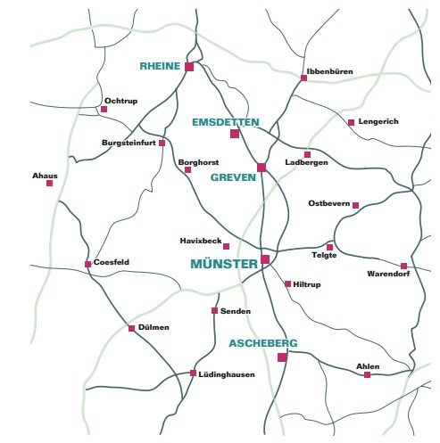 Zustiegsorte Weilke Touristik Karte mit den Zustiegsorten von Weilke Touristik im Raum Münster und Umgebung, inklusive Städte wie Münster, Rheine, Emsdetten, Greven, Ascheberg, Coesfeld und, Ibbenbüren