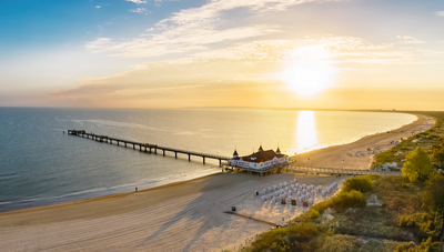 Luftbild Sonnenaufgang Ahlbecker Strand mit Seebrücke