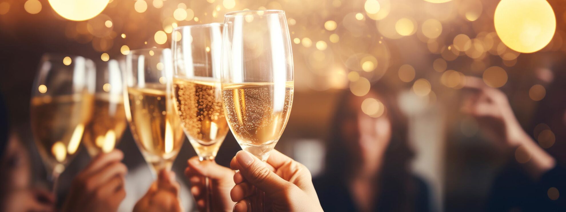 Nahaufnahme von Menschen, die mit Champagnergläsern anstoßen