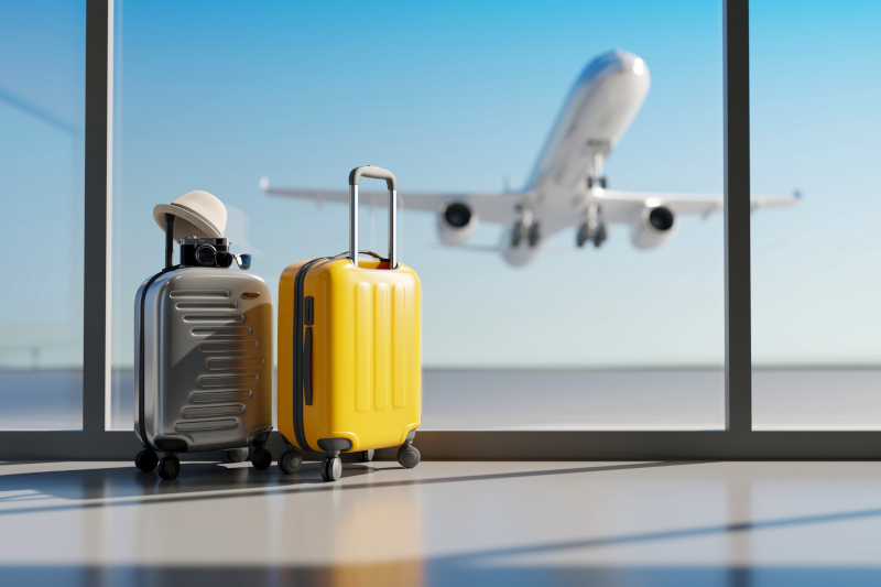 Koffer am Flughafen. Reisekonzept. 3D-Rendering