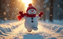 Ein fröhlicher Schneemann mit roter Mütze und Schal rennt schnell über einen verschneiten Weg. 
