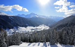 Verschneite Alpenlandschaft mit Tal, Bäumen und Bergen im Hintergrund.