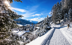 Verschneite Landschaft mit Häusern und Wald im Winter bei Sonnenschein