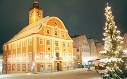 Beleuchtetes Rathaus und Weihnachtsbaum bei Nacht im Schnee.