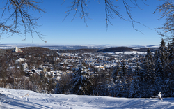 Winterlandschaft mit verschneiten Bäumen und Blick auf eine Stadt im Tal.