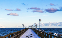 Verschneiter Steg führt ins Meer, Möwen sitzen auf Geländer, blauer Himmel.