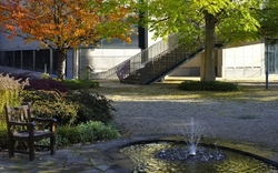 Garten mit kleinem Brunnen, umgeben von Bäumen, vor einem modernen Gebäude