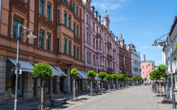 Schmale, gepflasterte Straße mit historischen Gebäuden und Bäumen an einem sonnigen Tag.