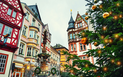 Fachwerkhäuser und geschmückter Weihnachtsbaum vor grauem Himmel.