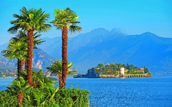 Palmen am See mit Insel und Bergen im Hintergrund.